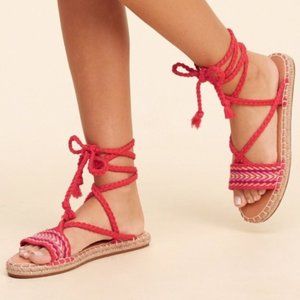 NEW Hollister Red Crochet Lace Up Tie Espadrille Sandals Sz. 9